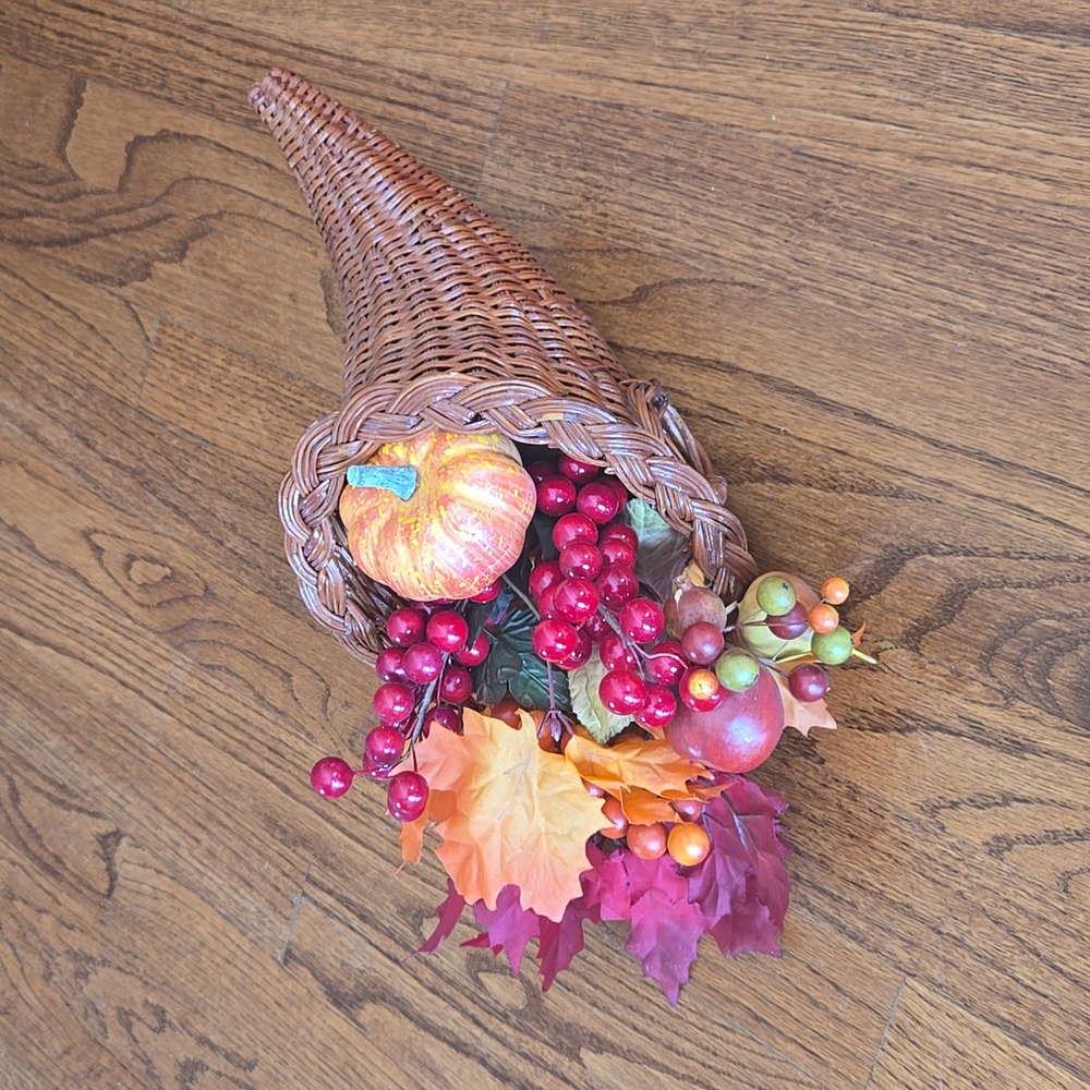 Thanksgiving Cornucopia Horn of Plenty Wicker Basket with Faux Flora - Picture 11 of 13